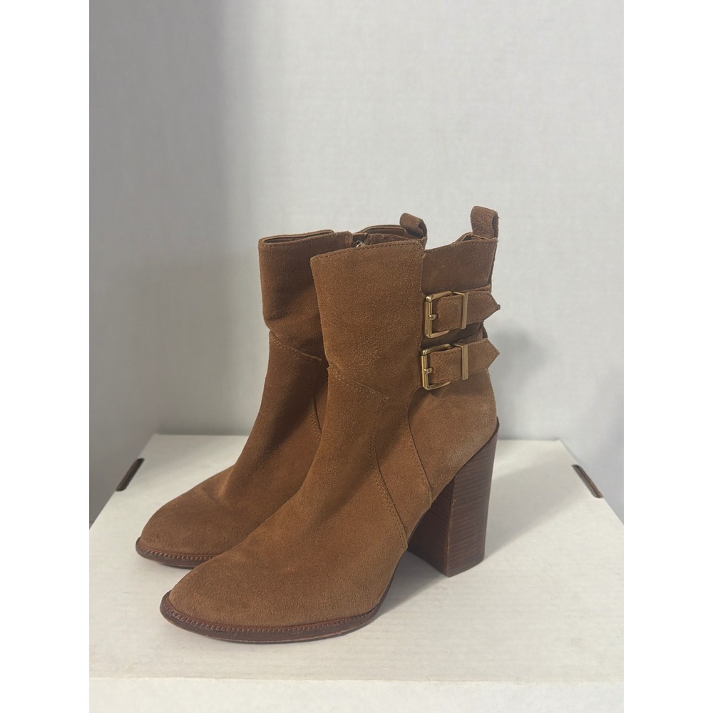 BCBGeneration Brown Suede Double Buckle Block Heel Ankle Boots Tan Booties